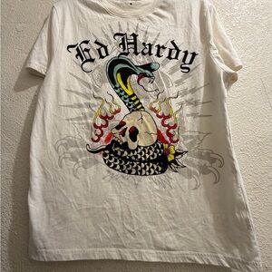 Ed Hardy Men's T-Shirt Medium White Cobra Skull Flames Graphic Don Ed Hardy